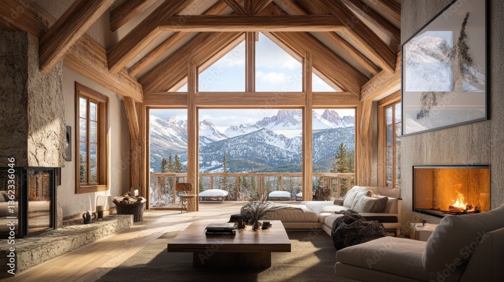 Fototapeta premium Chalet living room with mountain view and cozy fireplace in winter