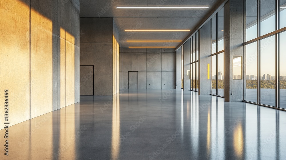 Fototapeta premium Modern concrete hall with glowing windows, embodying simplicity and clean minimalism in architectural design.