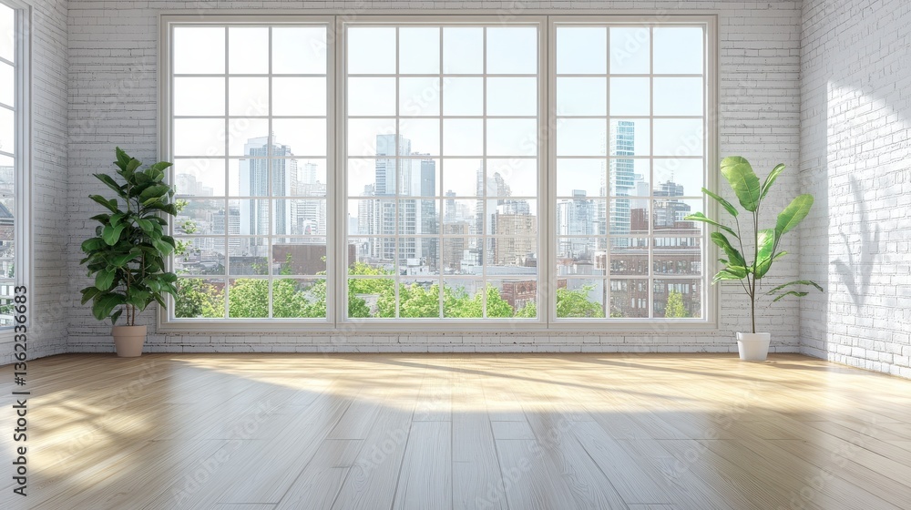 Fototapeta premium An empty room with light wood floors and a white brick wall, featuring large windows that offer a panoramic view of urban buildings in the background, bathed in natural light illustration
