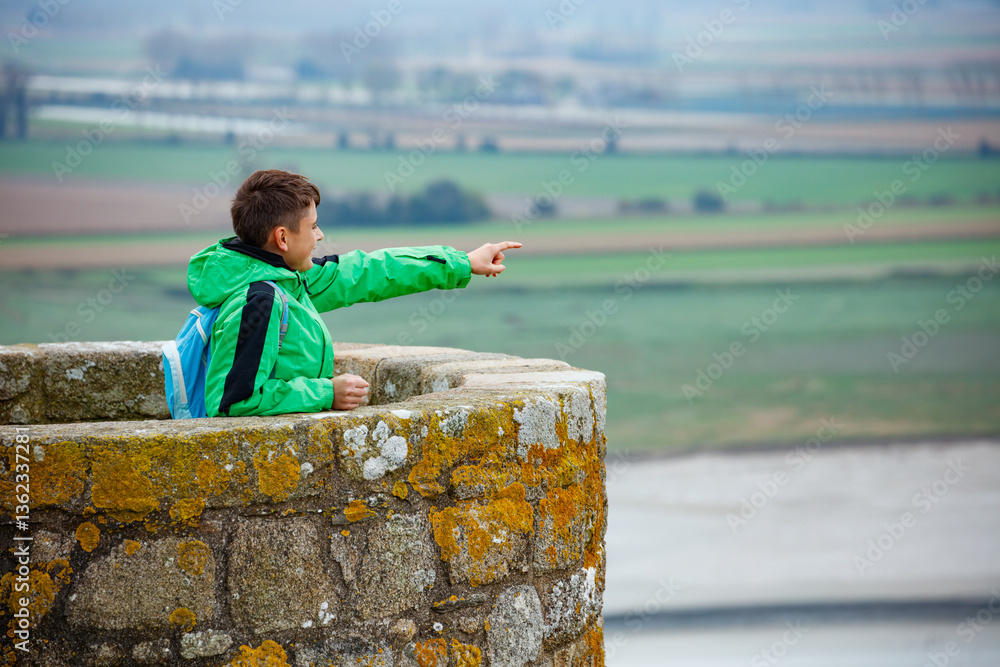 Boy points excitedly while standing at a scenic vantage point