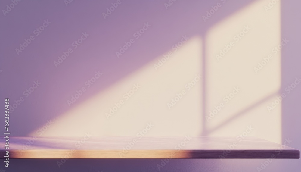 Empty Wooden Shelf with Sunlight Shadow on Pastel Wall Empty Wooden Shelf with Sunlight Shadow on Pastel Wall