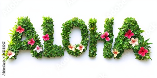 Aloha - Tropical Flower Arrangement Spelled With Flower Decoration On White Background