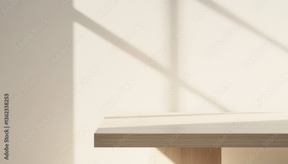 Fototapeta premium Light Wooden Shelf Against a Cream Textured Wall with Sunlight Shadows