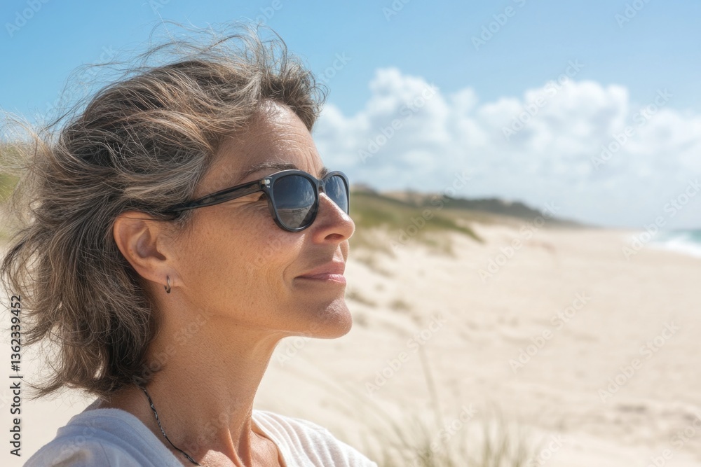 A woman wearing sunglasses stands on a sunny beach