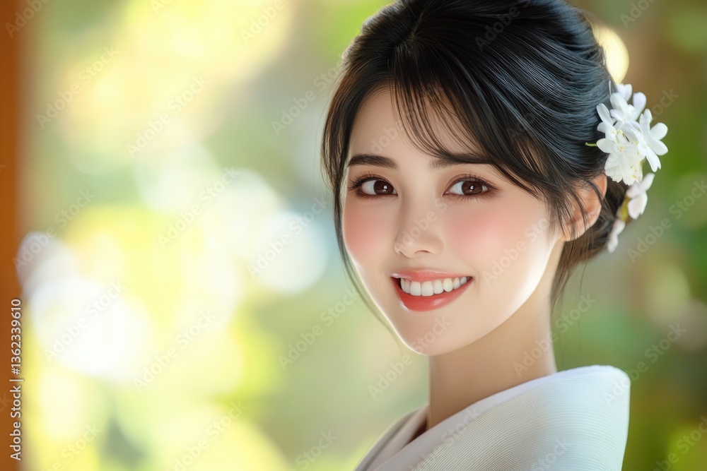A woman wearing flowers in her hair, simple and elegant pose A woman wearing flowers in her hair, simple and elegant pose