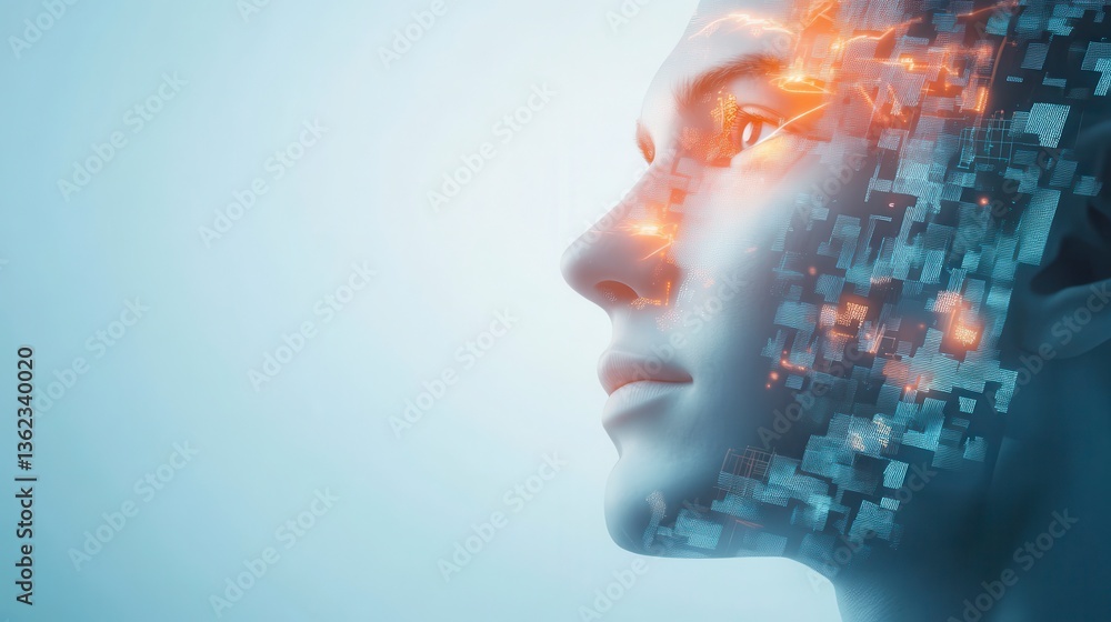 Digital Awakening: A striking portrait of a human face, partially fragmented, with data and energy radiating outwards, symbolizing the merging of technology and humanity and the power of the mind. Digital Awakening: A striking portrait of a human face, partially fragmented, with data and energy radiating outwards, symbolizing the merging of technology and humanity and the power of the mind.
