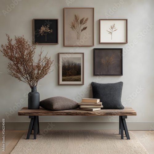 Autumnal botanical prints displayed on living room bench