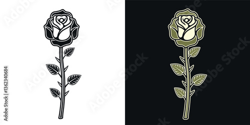 Rose tattoo style vector illustration with elegant linework and gothic aesthetics in two style, black on white and colored