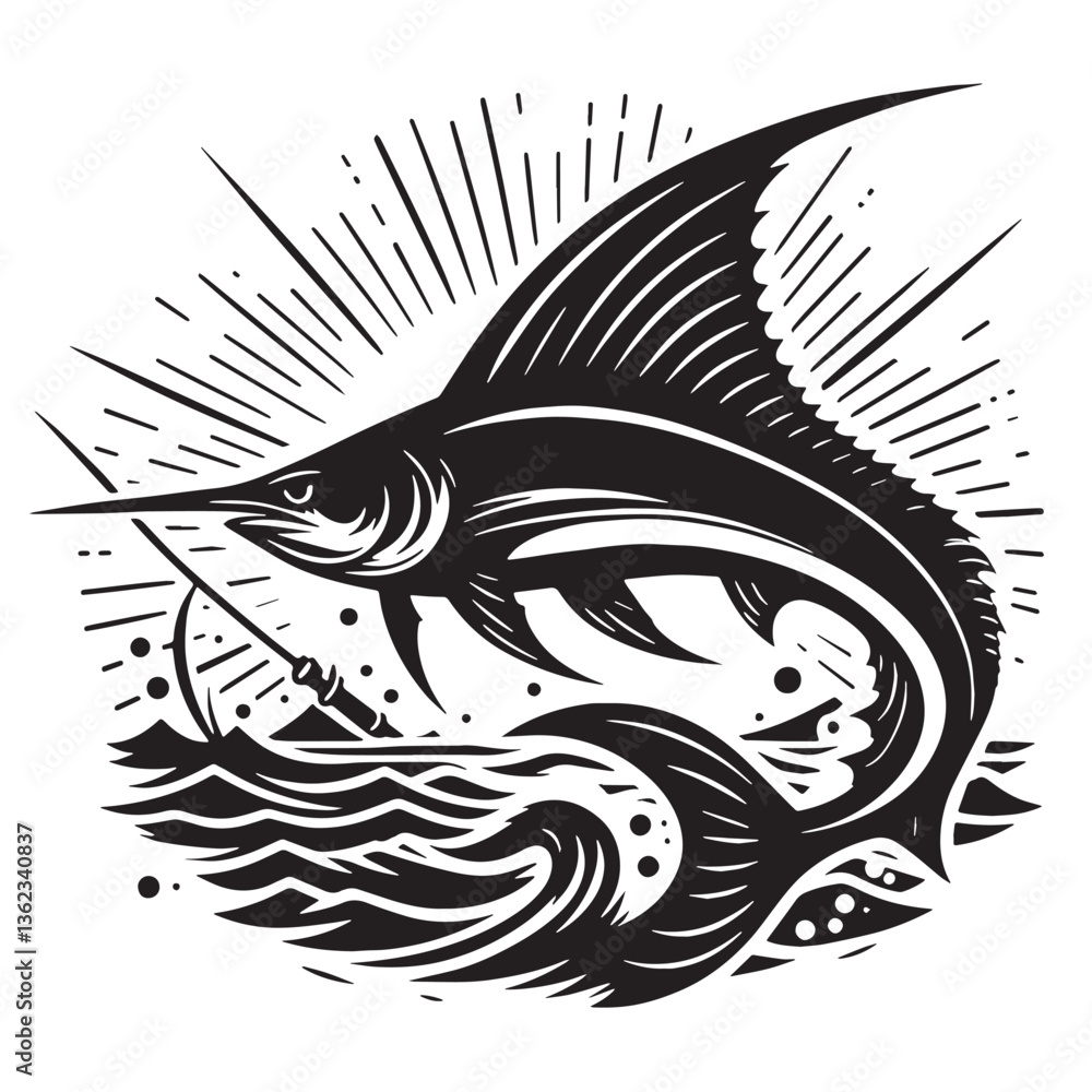 Naklejka premium Black Color Swordfish Silhouette Vector Illustration, Solid White Background