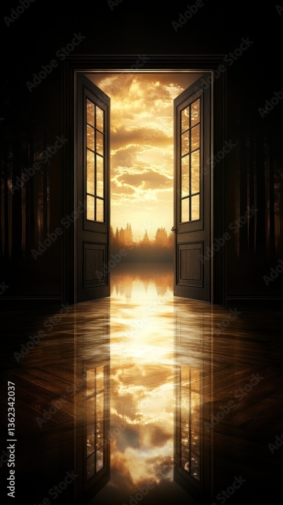 Open door to city skyline reflecting on floor at sunset symbolizing hope and a new direction Open door to city skyline reflecting on floor at sunset symbolizing hope and a new direction