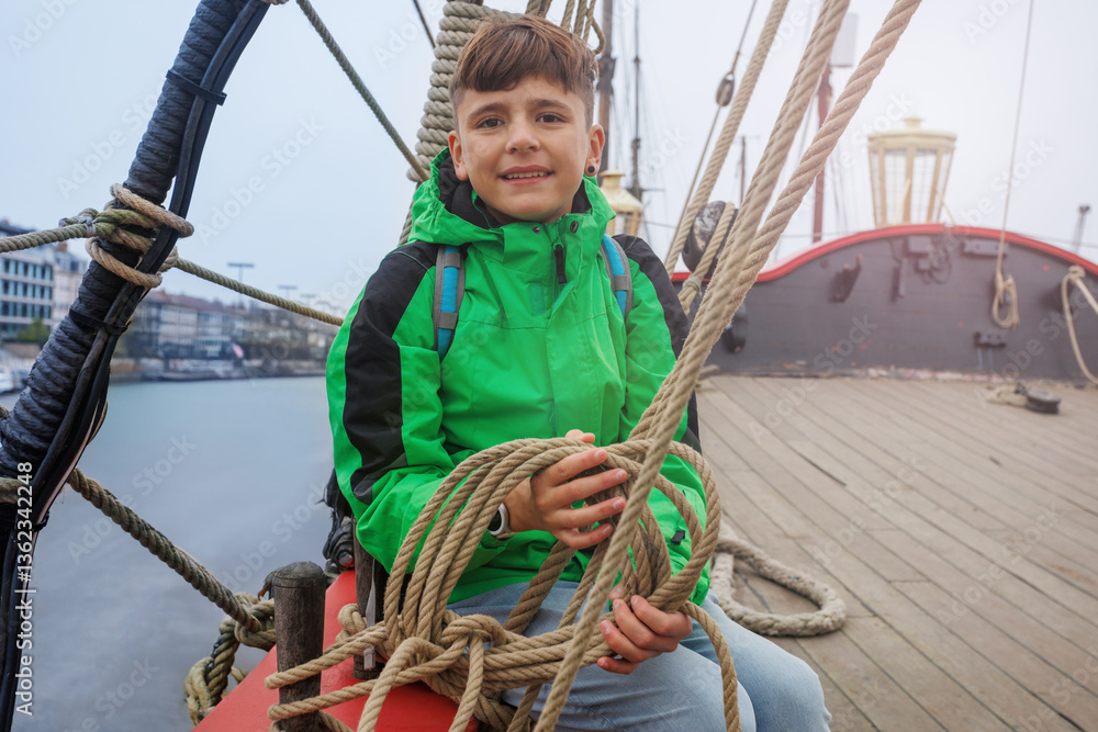 Child in green jacket enjoys a ship adventure under clear skies