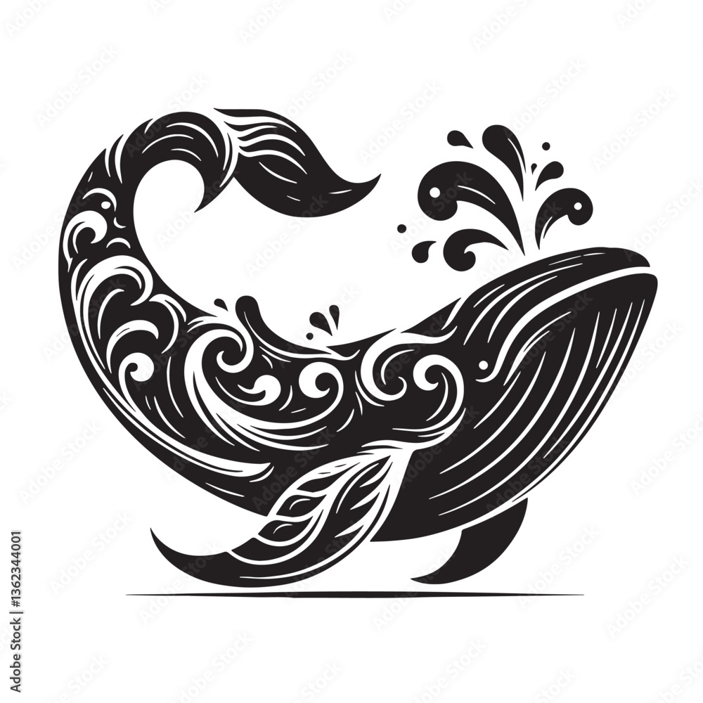 Naklejka premium Black Color Whale Silhouette Vector Illustration, Solid White Background