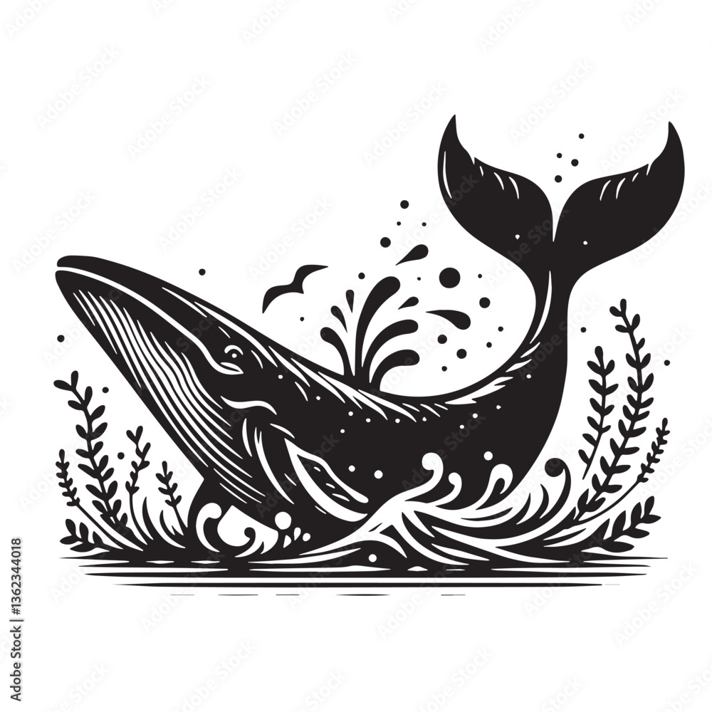 Naklejka premium Black Color Whale Silhouette Vector Illustration, Solid White Background