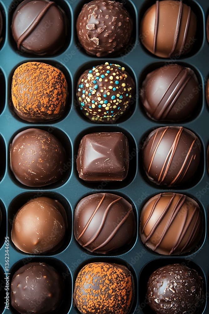 Fototapeta premium Assortment of various chocolate truffles arranged inside a dark blue tray
