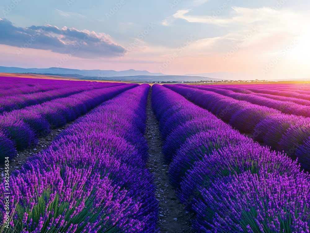 Naklejka premium A beautiful lavender field in Provence with vibrant purple flowers under a colorful summer sunset sky