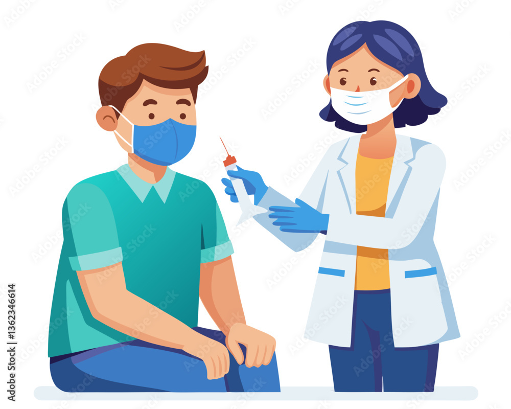 A doctor in scrubs giving a vaccine injection to a patient, isolated on white background.
A doctor in scrubs giving a vaccine injection to a patient, isolated on white background.