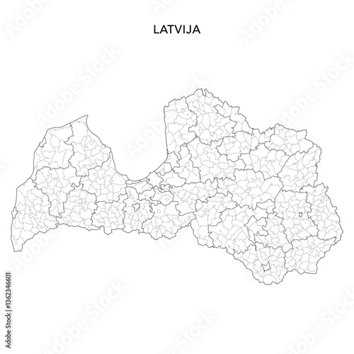 Geopolitical Vector Map of Latvia (Latvija) with Municipalities, Counties (Novadi un Valstspilsētas), Cities, Towns and Parishes (Pilsētas un Pagasti) Administrative Subdivisions as of 2025 - Latvia