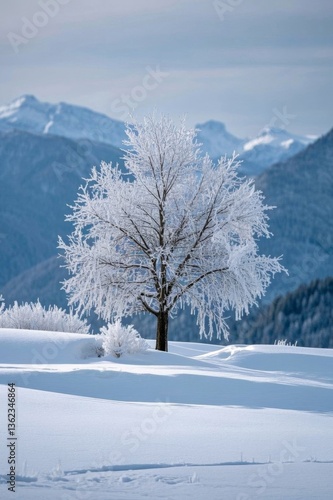 snowy landscape with a lone tree in the foreground and mountains in the background