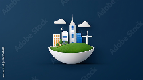modern cityscape with green hills, wind turbines, and clouds symbolizes sustainability and eco friendliness