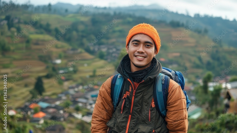 Naklejka premium Adventurous young man trekking through scenic mountain terrain with a smile