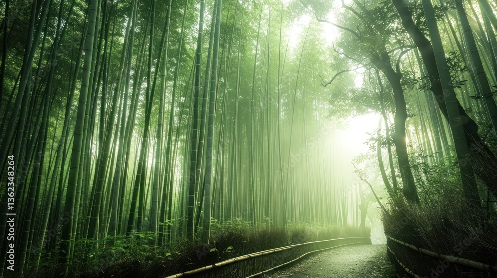 Fototapeta premium Lush bamboo forest path, misty morning light