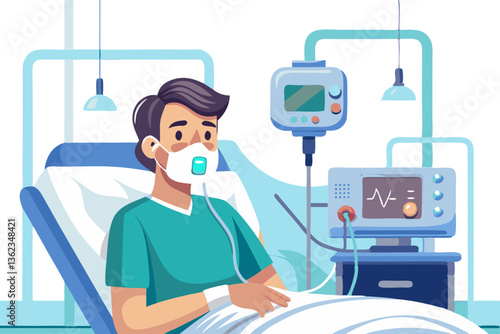 A patient using an oxygen therapy mask in a hospital room, isolated on white background.
