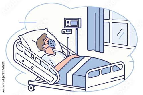 A patient using an oxygen therapy mask in a hospital room, isolated on white background.

