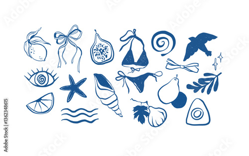 Coastal doodle hand drawn vector illustrations.  Sea life in blue colour. Mediterranean vibe