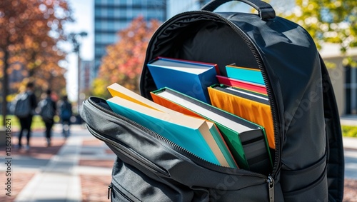 Modern backpack with books, sleek black backpack unzipped revealing colorful books, urban college campus background, bright daylight, vibrant academic theme