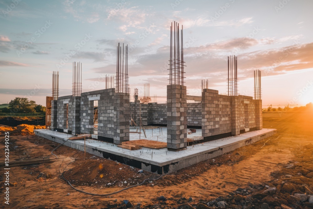 Obraz premium Construction site of a modern building under sunset sky, showcasing concrete structure and rebar pillars in progress