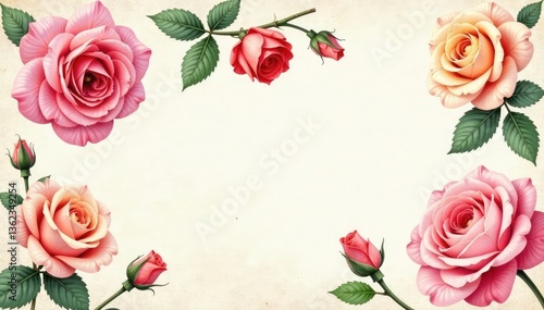 Delicate watercolor roses repeat on vintage paper texture, elegant, seamless