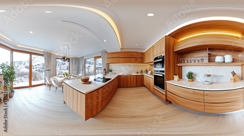 Modern Kitchen Panorama with Mountain View