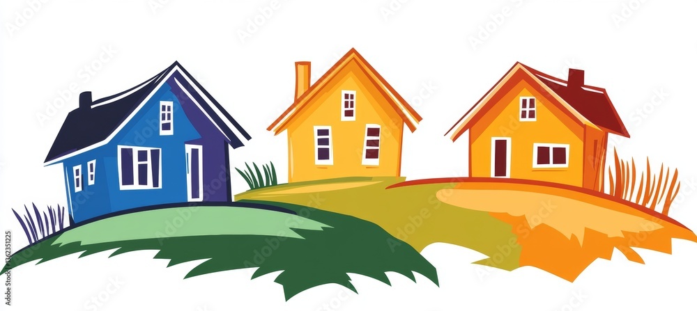 Fototapeta premium Colorful Abstract Neighborhood Charming Illustration of Houses Nestled on Rolling Green Hills