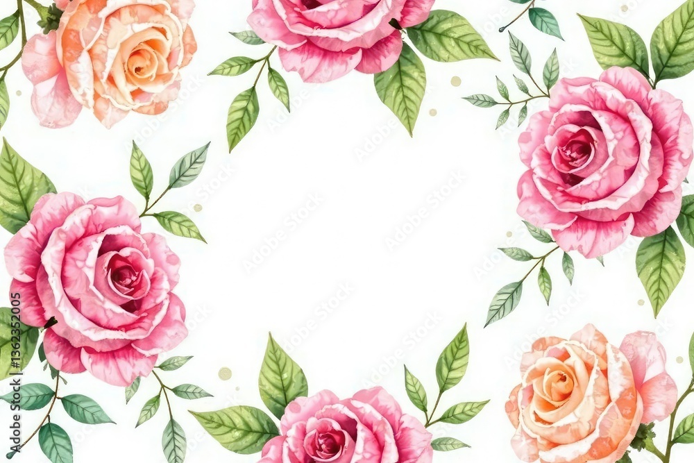 Delicate watercolor roses & leaves, repeating pattern, pink, botanical illustration, spring Delicate watercolor roses & leaves, repeating pattern, pink, botanical illustration, spring