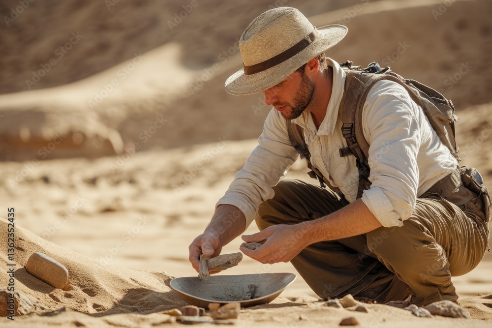 A person kneels in the sand with a knife, possibly preparing to dig or cut something A person kneels in the sand with a knife, possibly preparing to dig or cut something