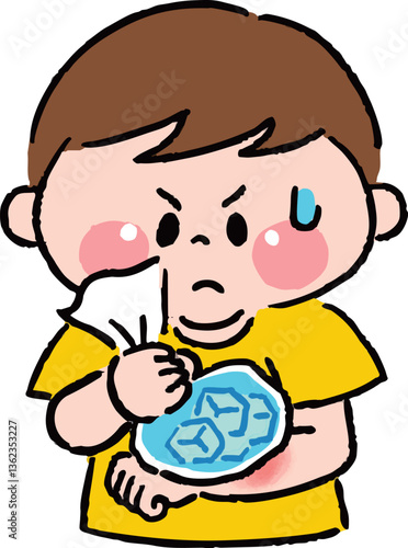 虫刺されを冷やしている男の子