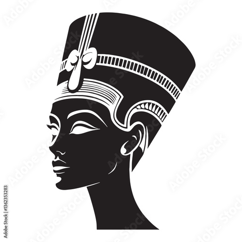 Resplendent Nefertiti face silhouette, adorned with royal jewels - Nefertiti illustration - Nefertiti minimalist vector - Egyptian queen silhouette

