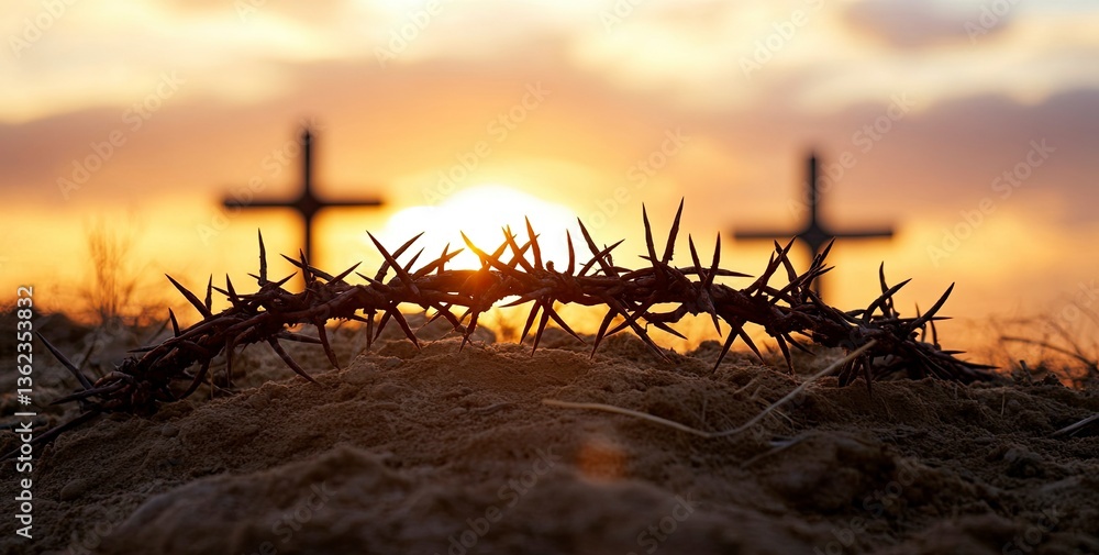 Crown of Thorns and Silhouette Crosses at Sunset with Dramatic Sky Crown of Thorns and Silhouette Crosses at Sunset with Dramatic Sky