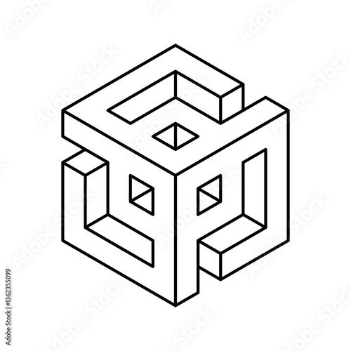 Intricate, minimalist line art depicting a threedimensional geometric cube.  Perfect for representing concepts of structure, complexity, or innovation.