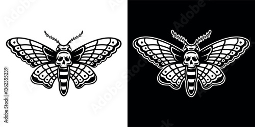 Moth tattoo vector illustration, gothic and mystical elements. Perfect for vintage, boho, occult, and esoteric designs set of two styles