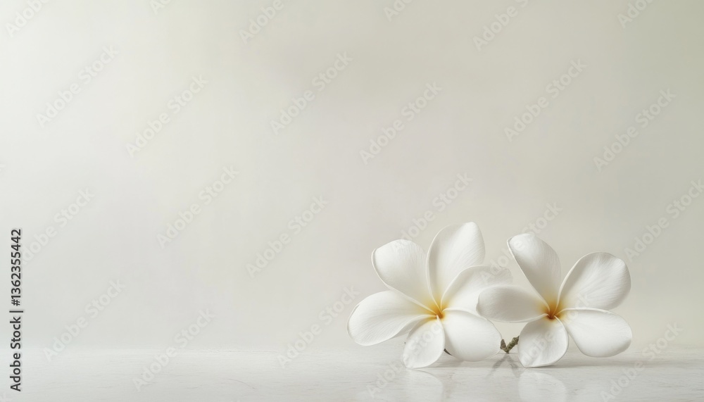 A still life image of two white flowers placed on a table A still life image of two white flowers placed on a table