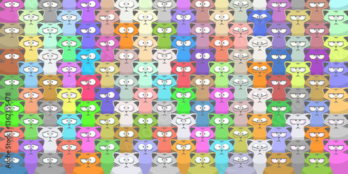 Set of vector cartoon fat funny colorful big eyed emotional cats. Sad surprised serious important domestic pets. Toon feline round faces of kittens. Many pusses. Texture background. Wallpaper