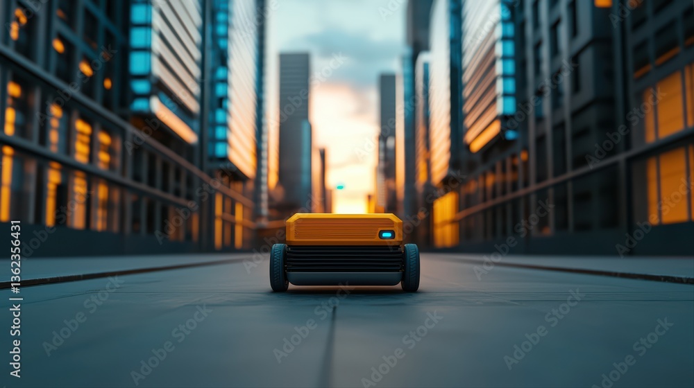Fototapeta premium Autonomous robot in urban setting at sunset glow