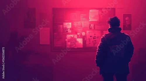 Man in front of an information board with vintage comic style detective theme