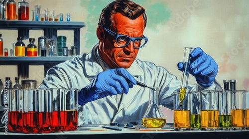 Man in lab coat and glasses holding a test tube in a vintage comic style of a mad scientist at work