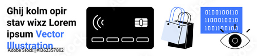 Contactless card reader, shopping bags, eye on binary code data visuals. Ideal for tech innovation, e-commerce, fintech, security, digital privacy, retail consumer habits flat landing page banner