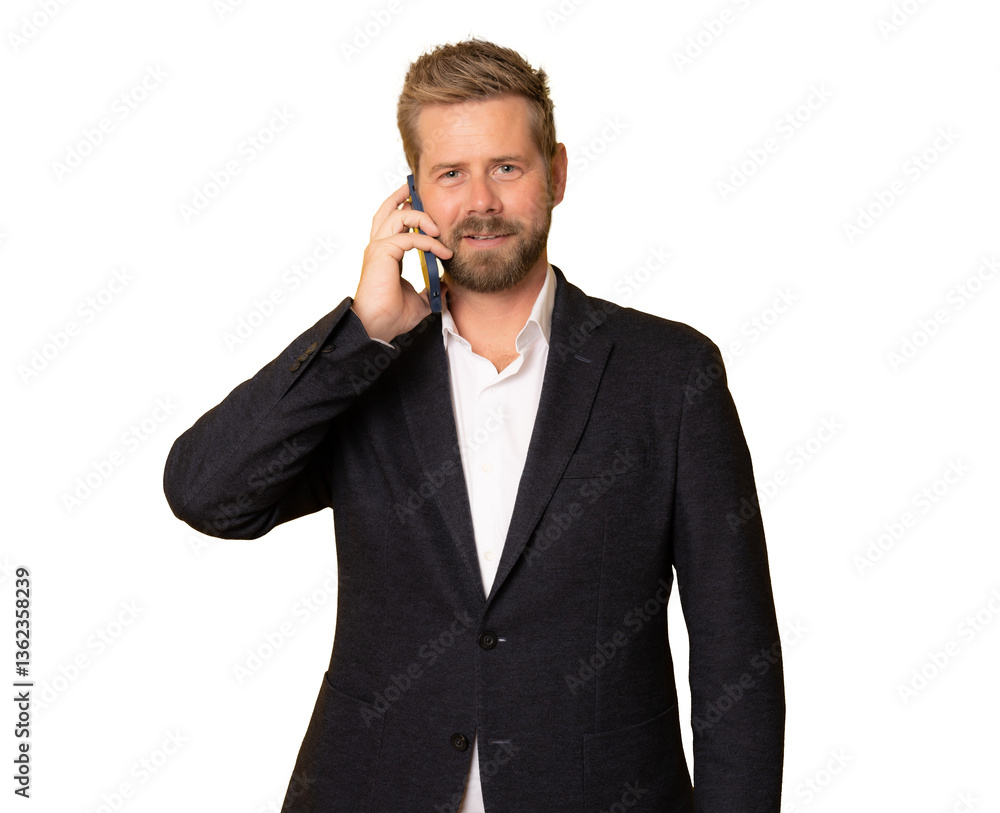Young smiling business man talking on mobile phone isolated over transparent background. PNG transparent Young smiling business man talking on mobile phone isolated over transparent background. PNG transparent