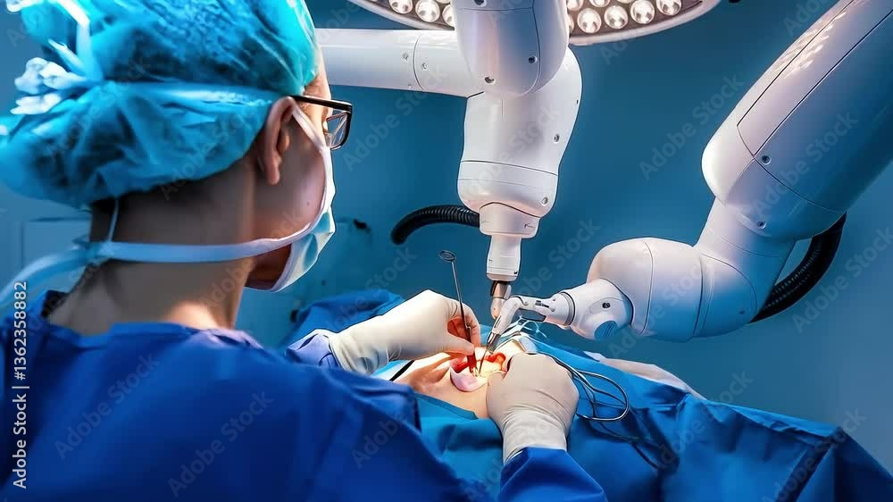 Surgeon performing precision surgery on a patient assisted by advanced robotic arms in operating room