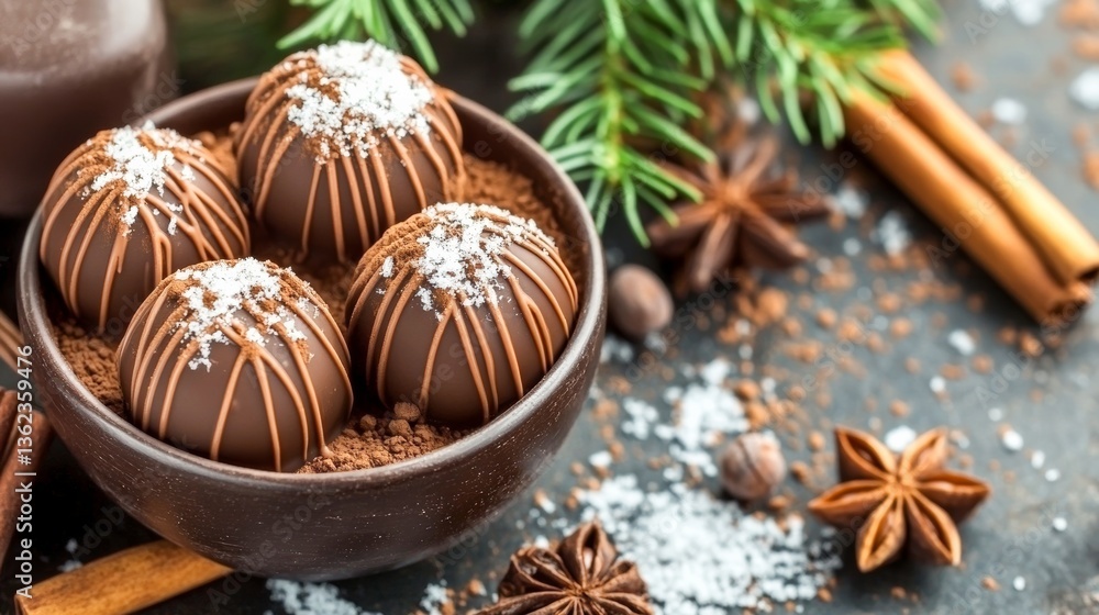Gourmet chocolate truffles garnished with spices arranged in a rustic bowl for a festive holiday presentation Gourmet chocolate truffles garnished with spices arranged in a rustic bowl for a festive holiday presentation