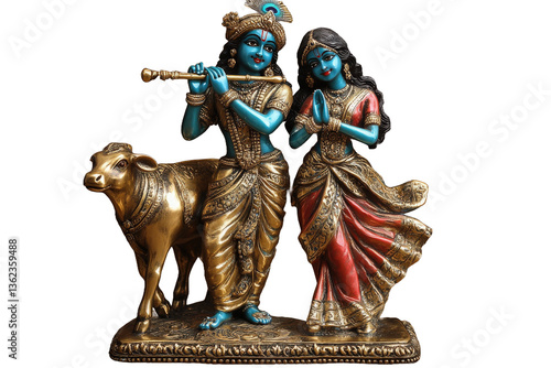 Bronze idols of Radha Krishna made from ancient collections with white background
